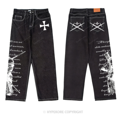 Retro equestrian print washed denim jeans-Limited Sale