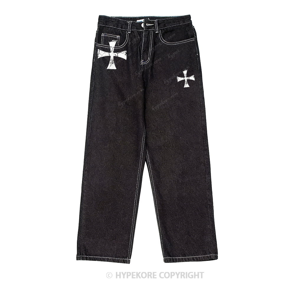 Retro equestrian print washed denim jeans-Limited Sale