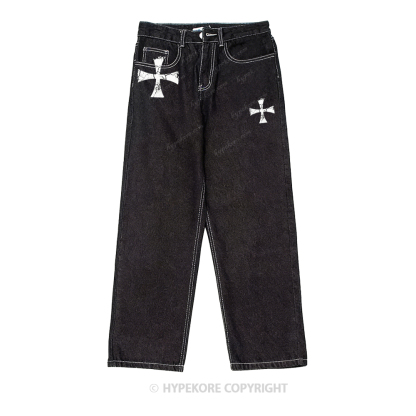 Retro equestrian print washed denim jeans-Limited Sale
