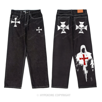 Retro equestrian print washed denim jeans-Limited Sale