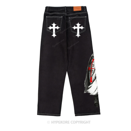 Retro equestrian print washed denim jeans-Limited Sale