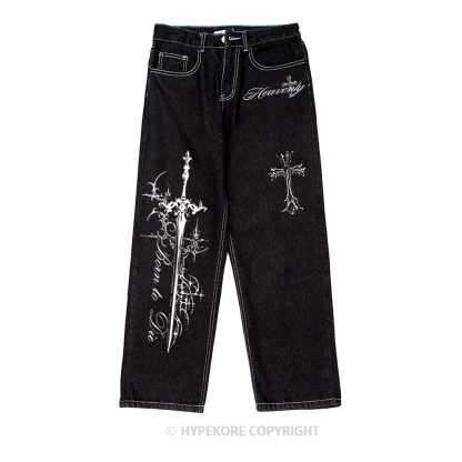 cross vintage print washed denim jeans-Limited Sale