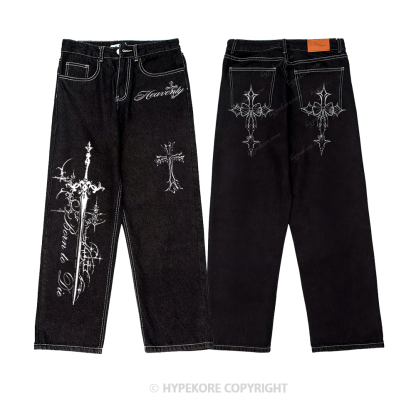 cross vintage print washed denim jeans-Limited Sale