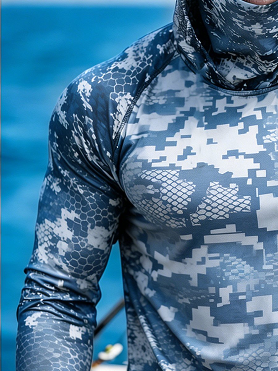 Men's Outdoor Sun Protection Breathable Cool Face Mask Hooded Printed Long-Sleeved Top-Limited Sale