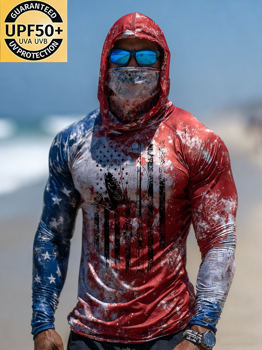 Men's Outdoor Sun Protection Breathable Cool Face Mask Hooded Printed Long-Sleeved Top-Limited Sale