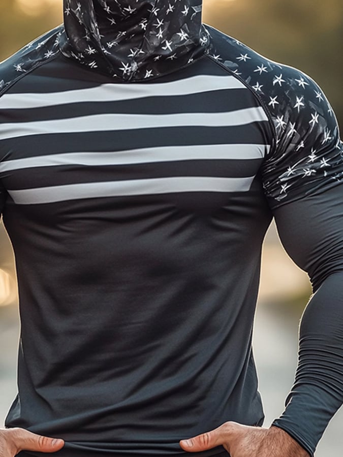Men's Outdoor Sun Protection Breathable Cool Mask American Flag Print Hooded Sun Protection Long Sleeve Top-Limited Sale