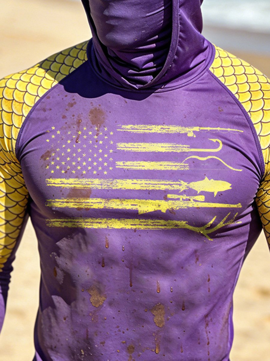 Men's Outdoor Sun Protection Breathable Cool Face Mask Hooded Printed Long-Sleeved Top-Limited Sale
