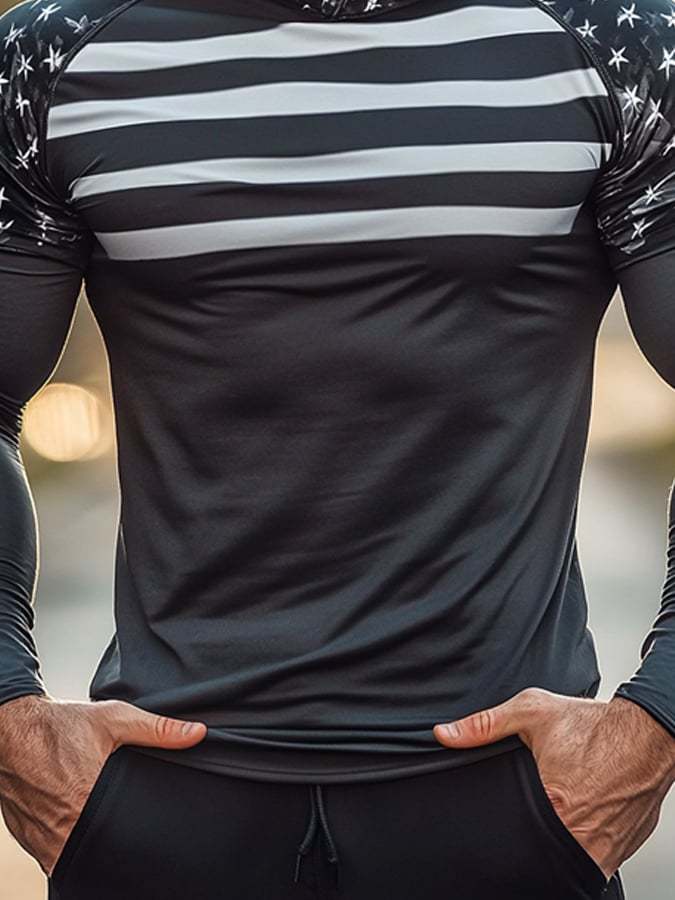 Men's Outdoor Sun Protection Breathable Cool Mask American Flag Print Hooded Sun Protection Long Sleeve Top-Limited Sale