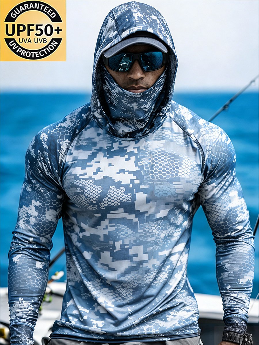 Men's Outdoor Sun Protection Breathable Cool Face Mask Hooded Printed Long-Sleeved Top-Limited Sale