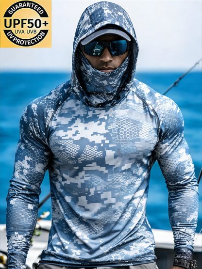 Men's Outdoor Sun Protection Breathable Cool Face Mask Hooded Printed Long-Sleeved Top-Limited Sale