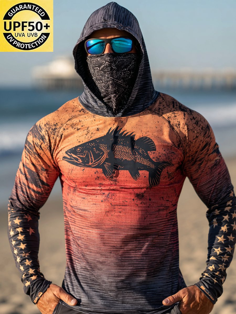 Men's Outdoor Sun Protection Breathable Cool Face Mask Hooded Printed Long-Sleeved Top-Limited Sale