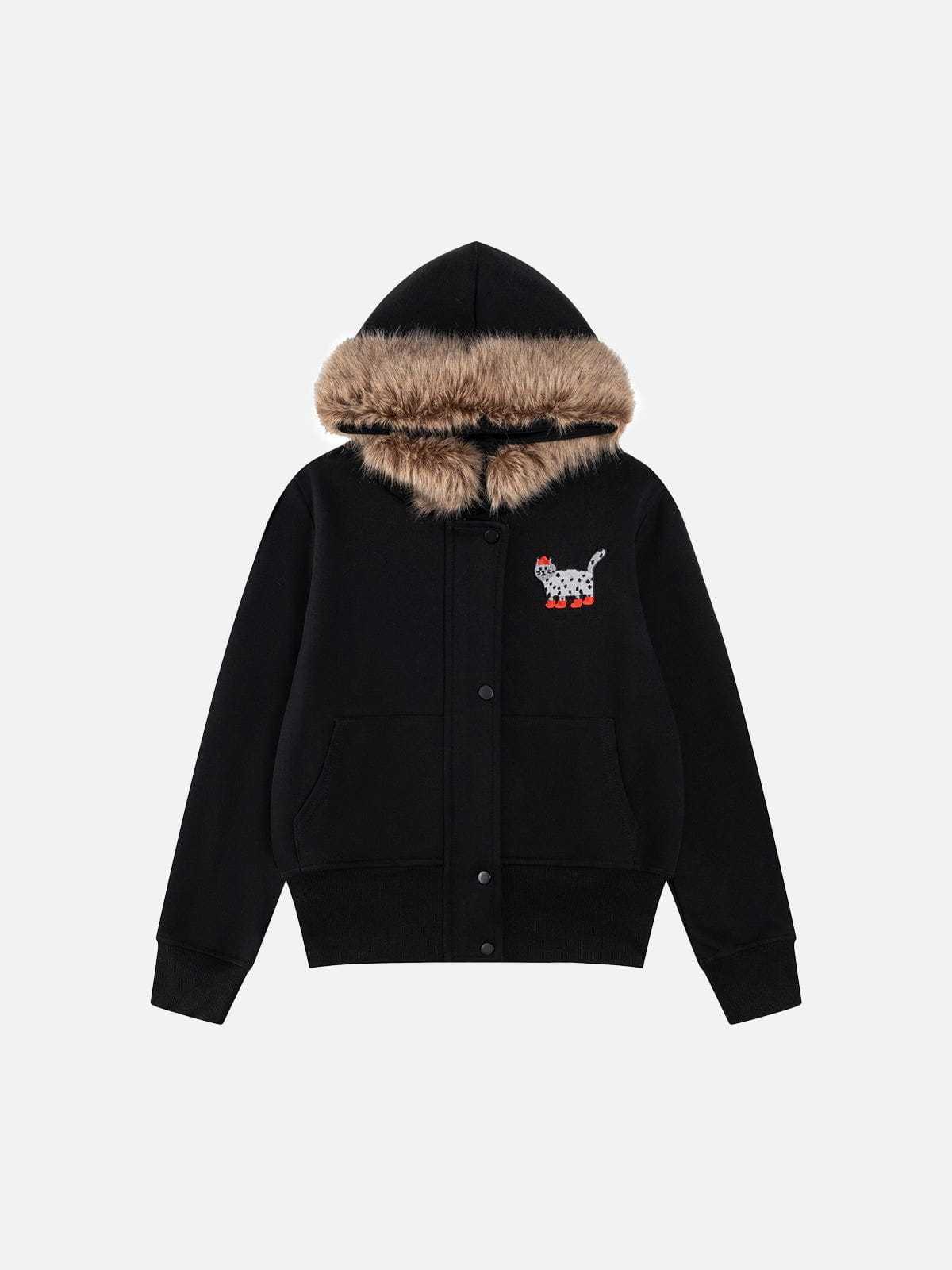 Aelfric Eden Cat Embroidery Faux Fur Collar Hoodie-Limited Sale