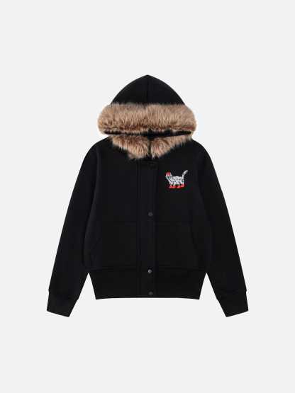 Aelfric Eden Cat Embroidery Faux Fur Collar Hoodie-Limited Sale