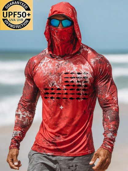 Men's Outdoor Sun Protection Breathable Cool Face Mask Hooded Printed Long-Sleeved Top-Limited Sale