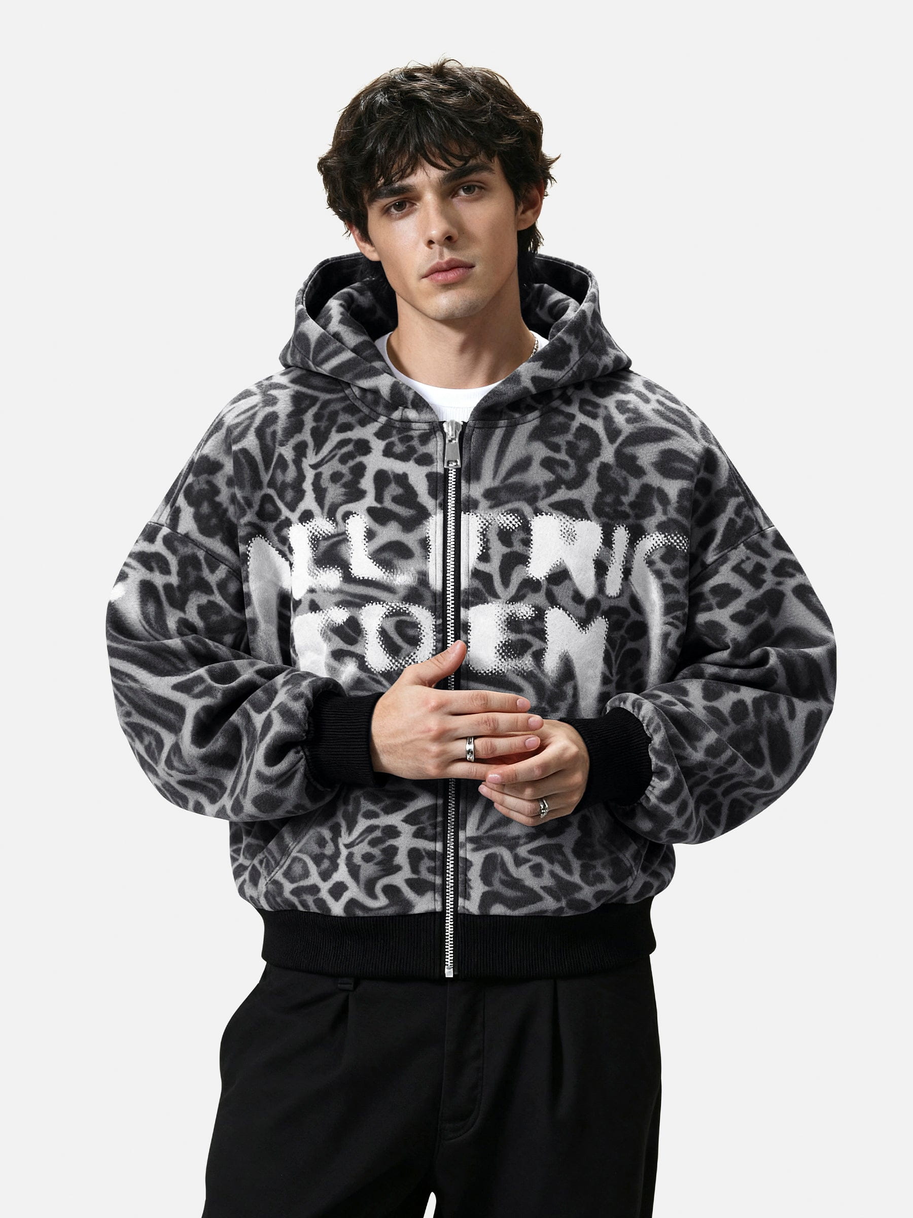 Aelfric Eden Leopard Graffiti Boxy Zip Up Hoodie-Limited Sale