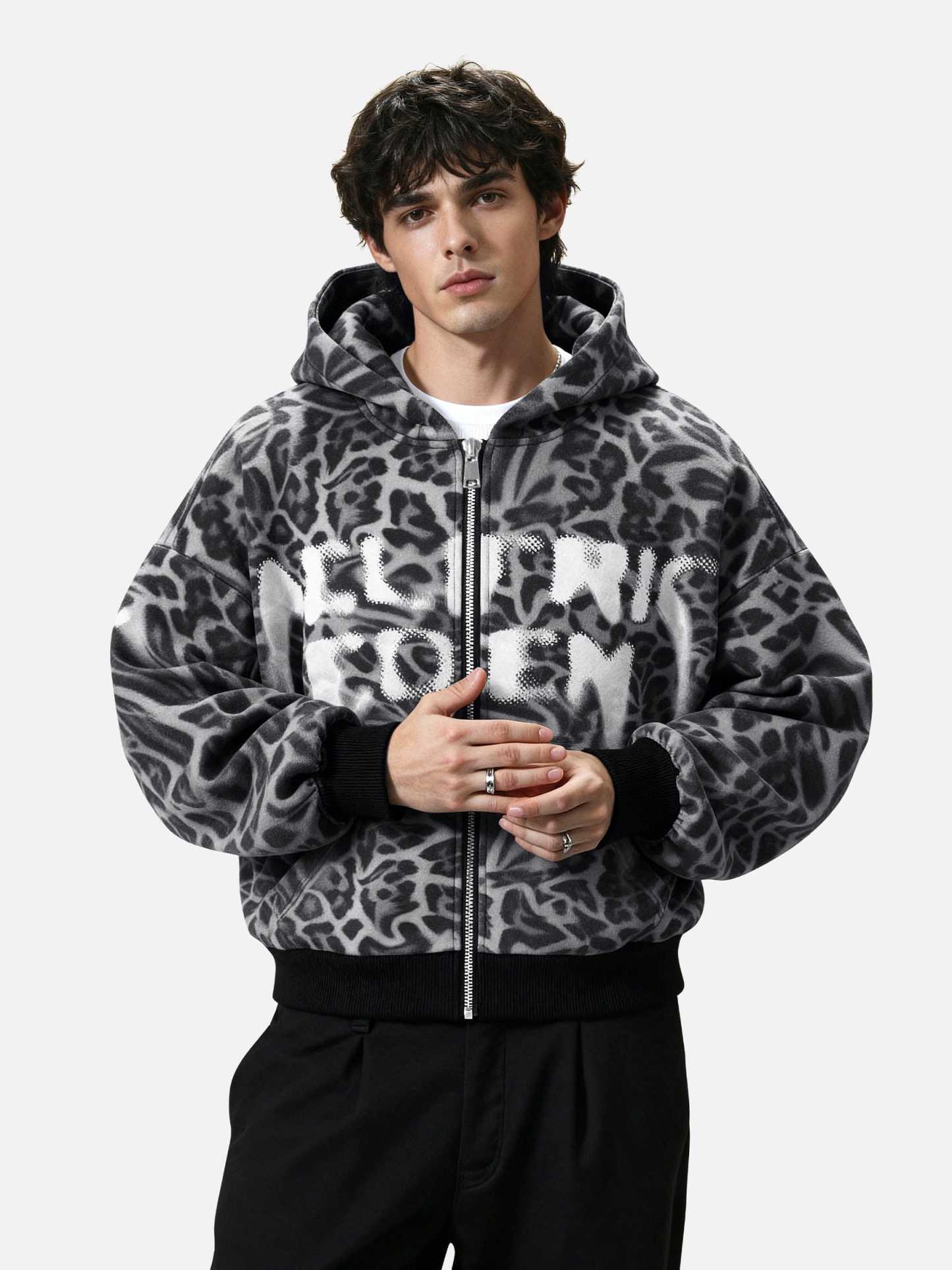Aelfric Eden Leopard Graffiti Boxy Zip Up Hoodie-Limited Sale