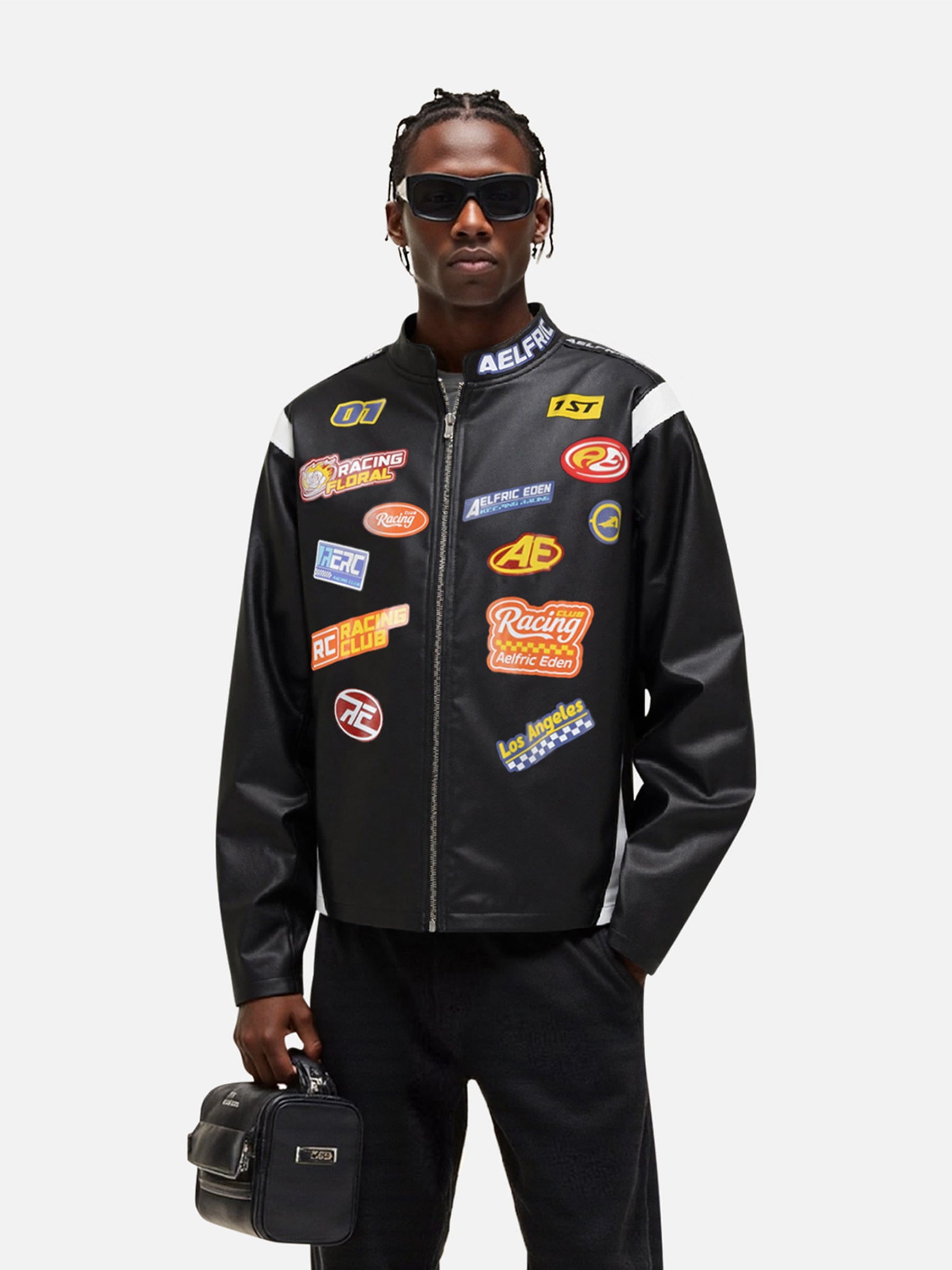 Aelfric Eden Racing Logo Patches Faux Leather Jacket-Limited Sale