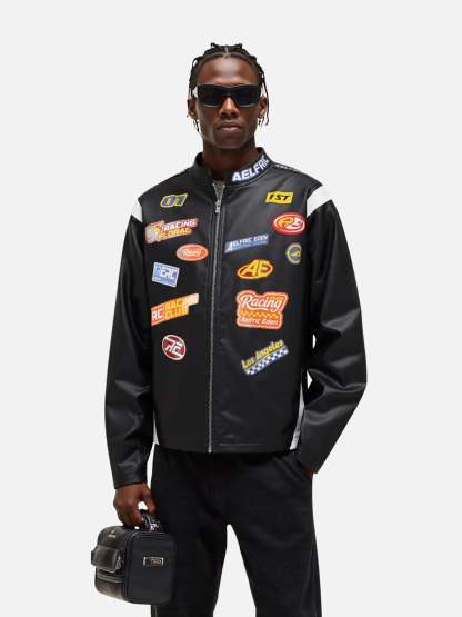 Aelfric Eden Racing Logo Patches Faux Leather Jacket-Limited Sale
