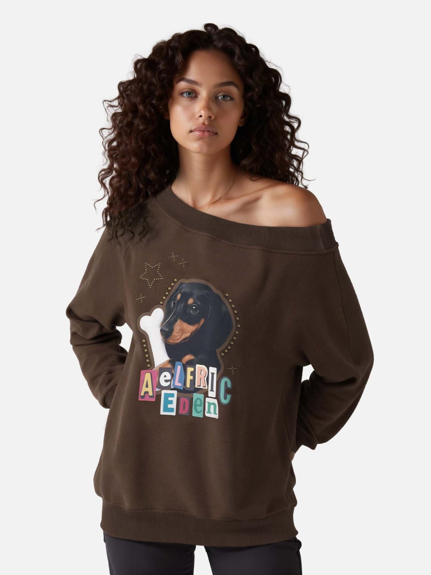 Aelfric Eden Dachshund Off-The-Shoulder Sweatshirt-Limited Sale