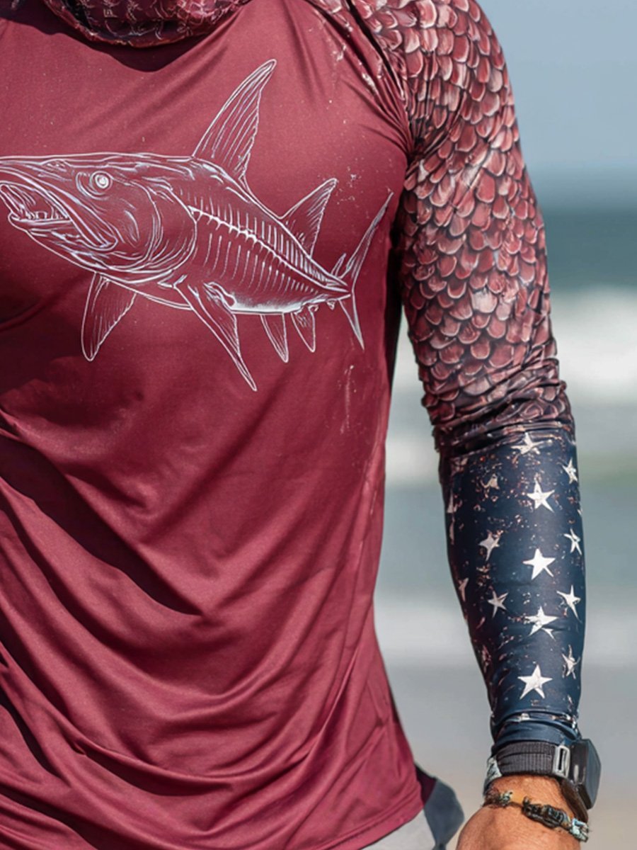 Men's Outdoor Sun Protection Breathable Cool Face Mask Hooded Printed Long-Sleeved Top-Limited Sale