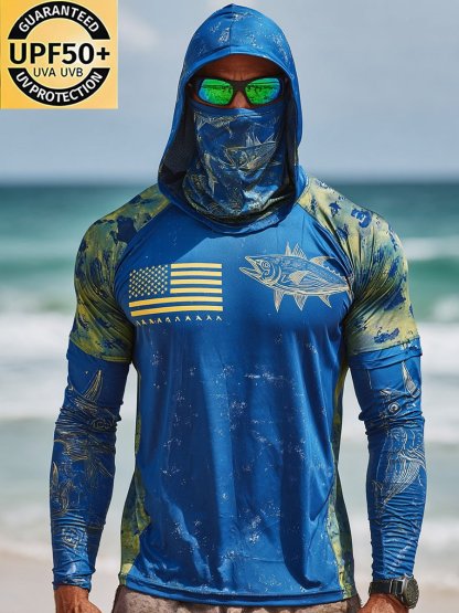 Men's Outdoor Sun Protection Breathable Cool Face Mask Hooded Printed Long-Sleeved Top-Limited Sale