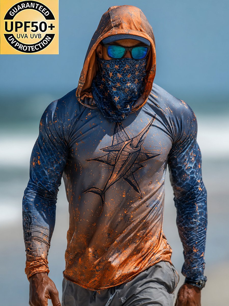Men's Outdoor Sun Protection Breathable Cool Face Mask Hooded Printed Long-Sleeved Top-Limited Sale