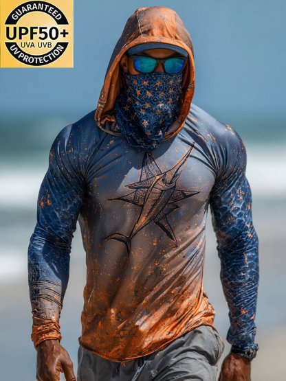 Men's Outdoor Sun Protection Breathable Cool Face Mask Hooded Printed Long-Sleeved Top-Limited Sale