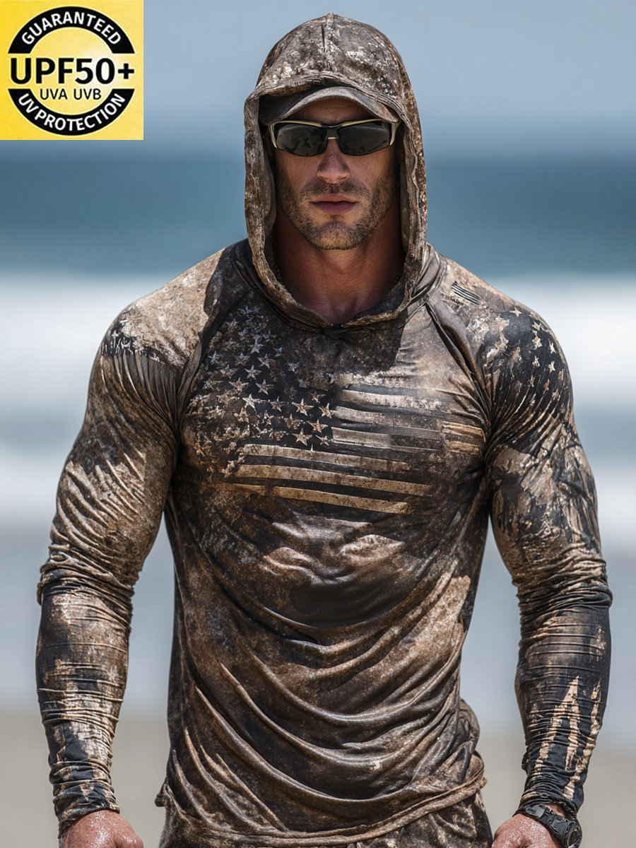 Men's Outdoor Sun Protection Breathable Cool Face Mask Hooded Printed Long-Sleeved Top-Limited Sale