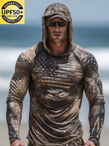 Men's Outdoor Sun Protection Breathable Cool Face Mask Hooded Printed Long-Sleeved Top-Limited Sale