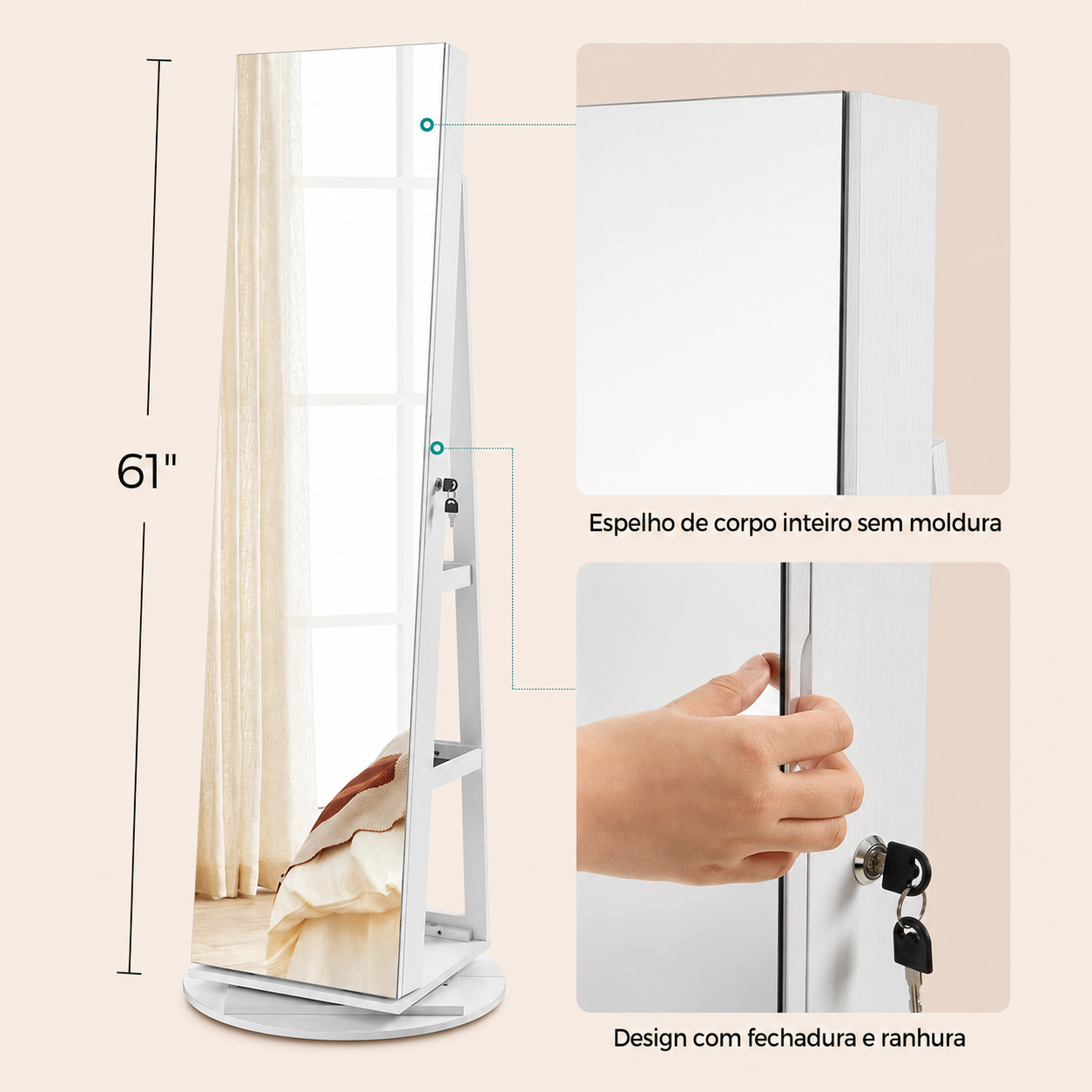 Espelho Porta-Joias Giratório 360° com Organizador Interior e LEDs