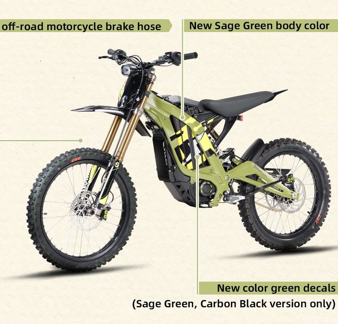 Surron Light Bee X sage green electric dirt bike frame design off-road motorcycle brake hose detail