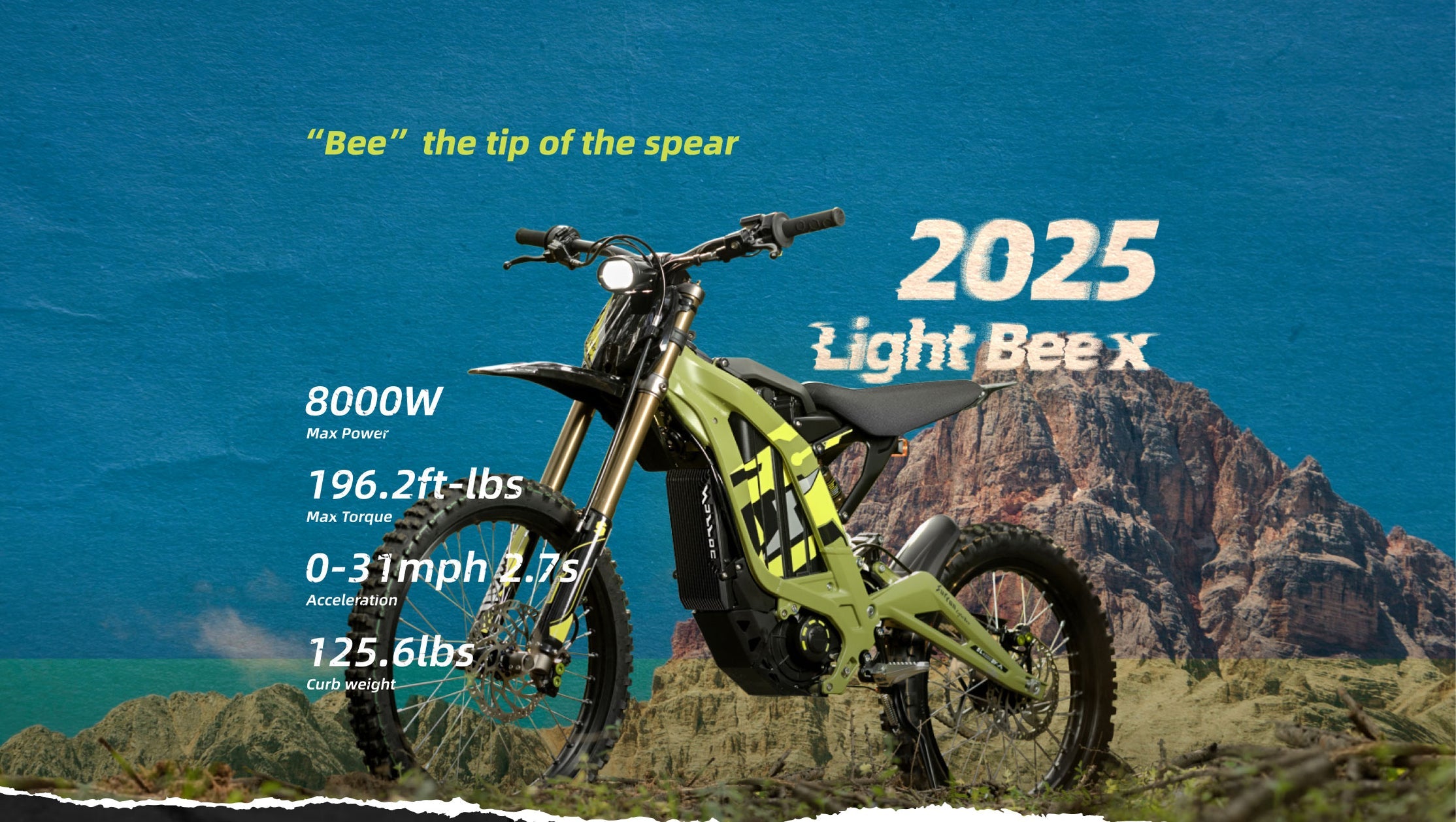 Surron Light Bee X 2025 electric dirt bike off-road mountain scene 8000W power high performance e-bike