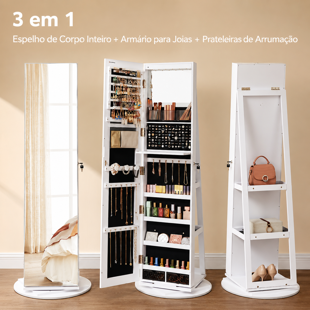 Espelho Porta-Joias Giratório 360° com Organizador Interior e LEDs