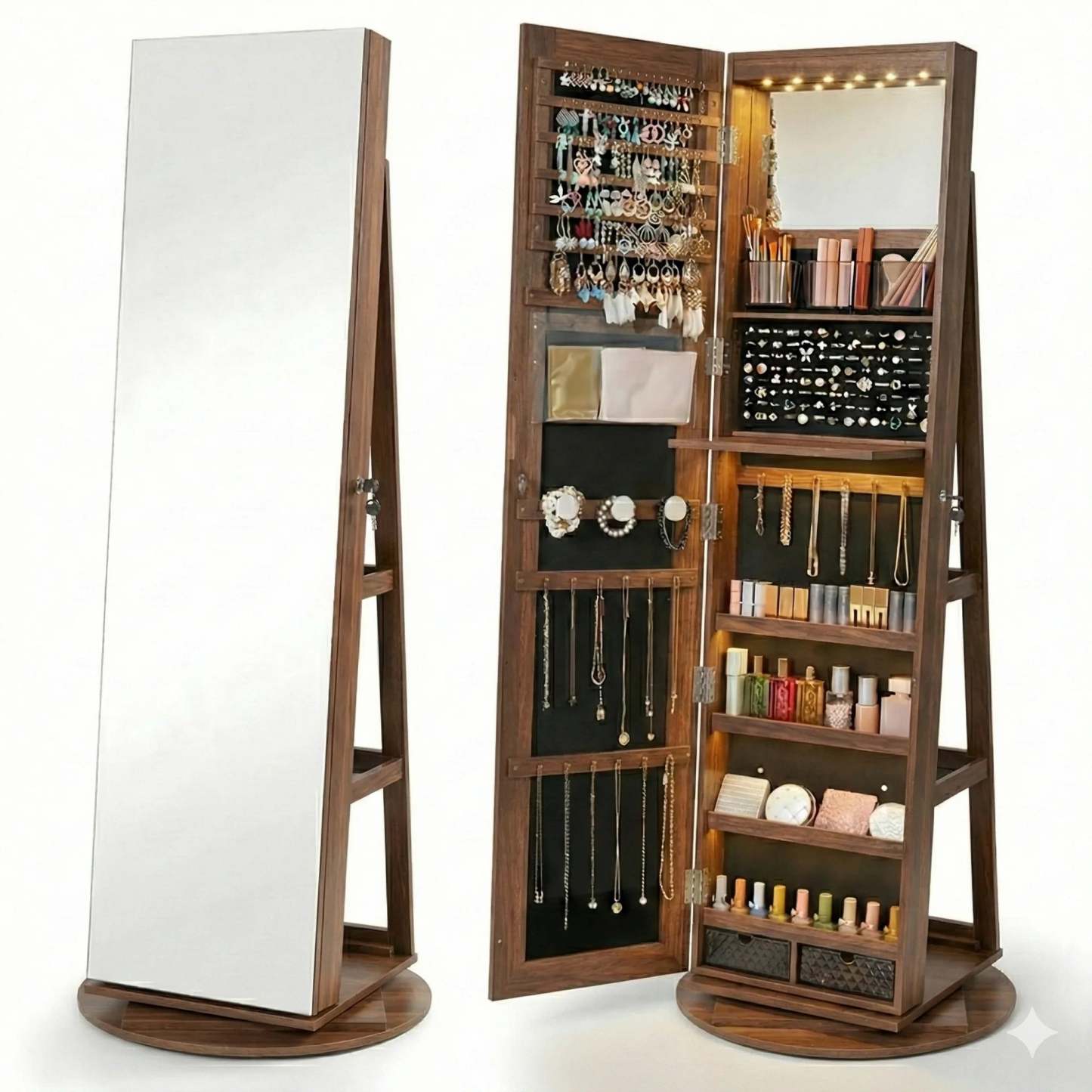 Espelho Porta-Joias Giratório 360° com Organizador Interior e LEDs