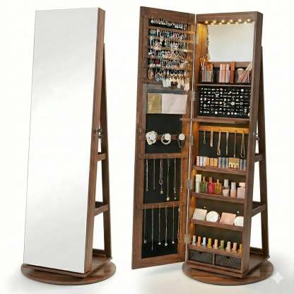 Espelho Porta-Joias Giratório 360° com Organizador Interior e LEDs