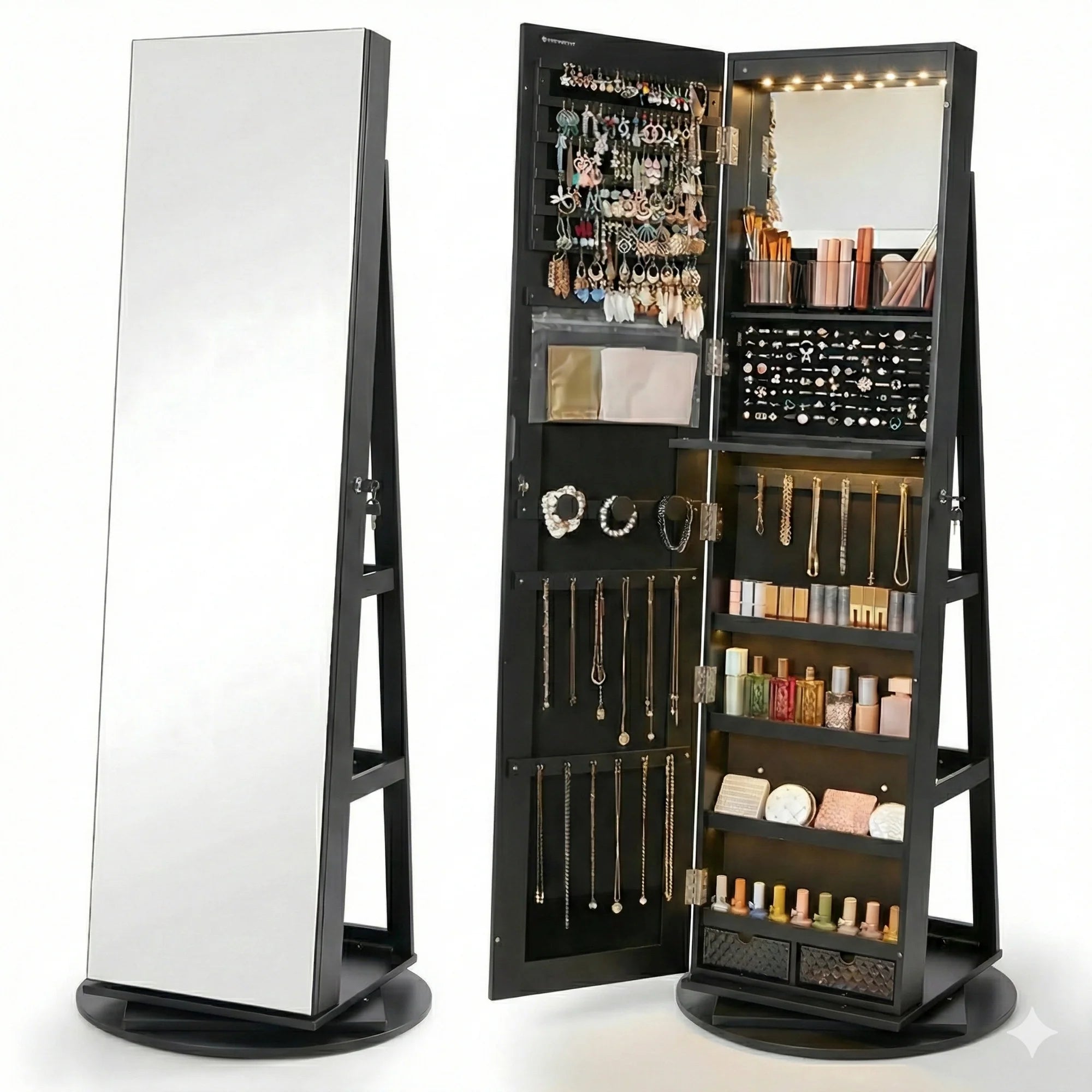 Espelho Porta-Joias Giratório 360° com Organizador Interior e LEDs