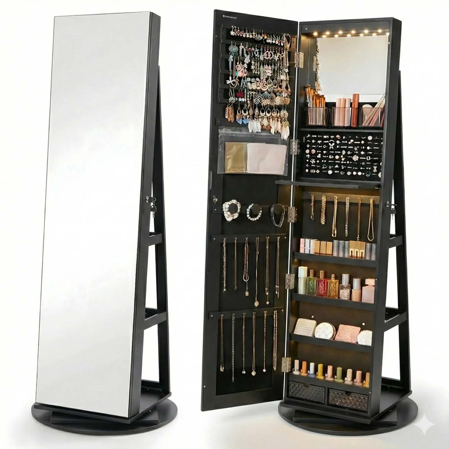 Espelho Porta-Joias Giratório 360° com Organizador Interior e LEDs
