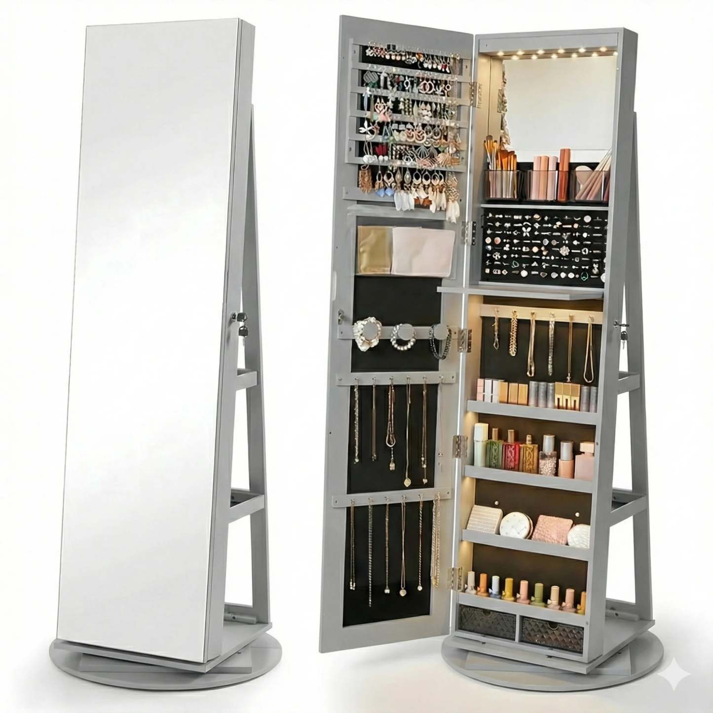 Espelho Porta-Joias Giratório 360° com Organizador Interior e LEDs