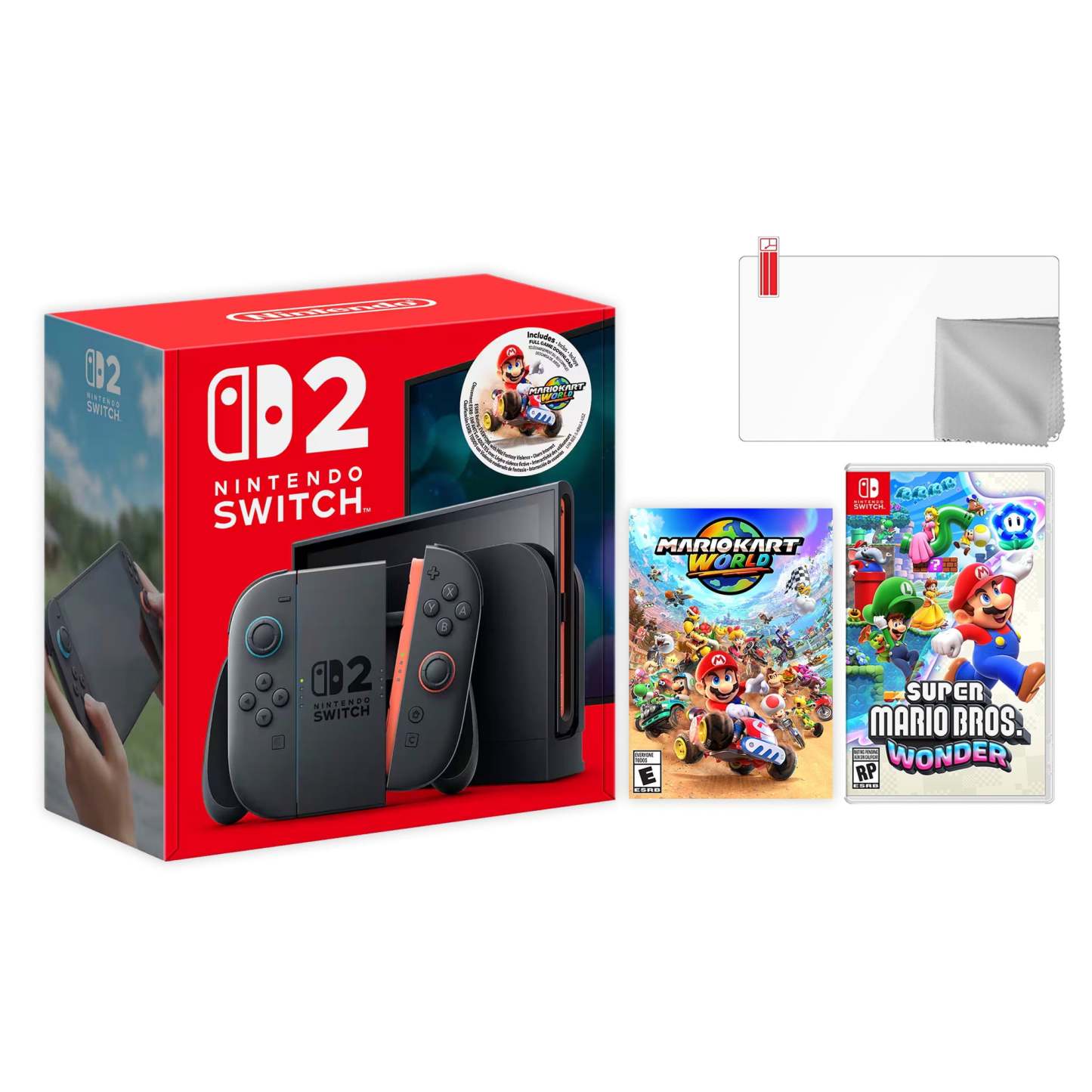 Nintendo Switch 2 Mario Kart World Bundle 256GB 7.9-Inch 1080P Screen, Joy-Con 2 with Mouse Sensor, Dock, with Super Mario Party And Microfiber Cleaning Cloth & Screen Protector