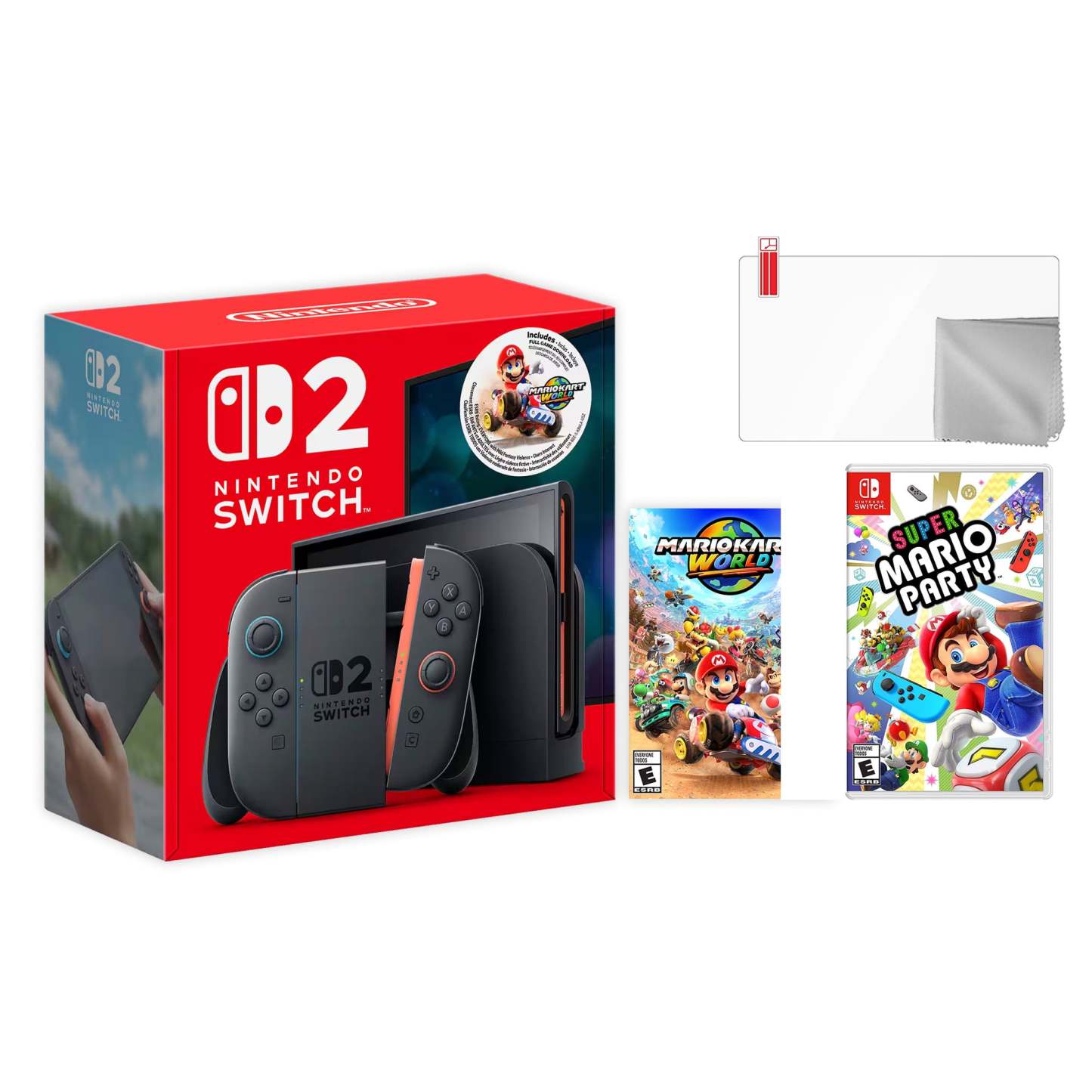 Nintendo Switch 2 Mario Kart World Bundle 256GB 7.9-Inch 1080P Screen, Joy-Con 2 with Mouse Sensor, Dock, with Super Mario Party And Microfiber Cleaning Cloth & Screen Protector