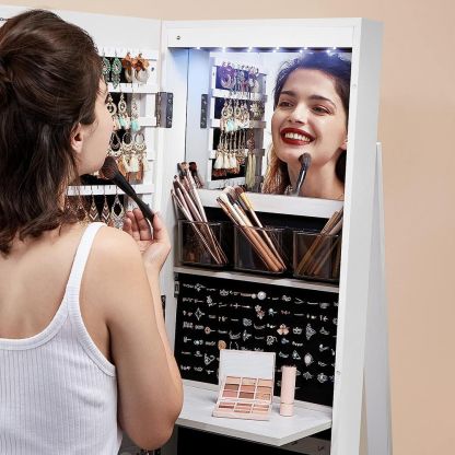 Espelho Porta-Joias Giratório 360° com Organizador Interior e LEDs