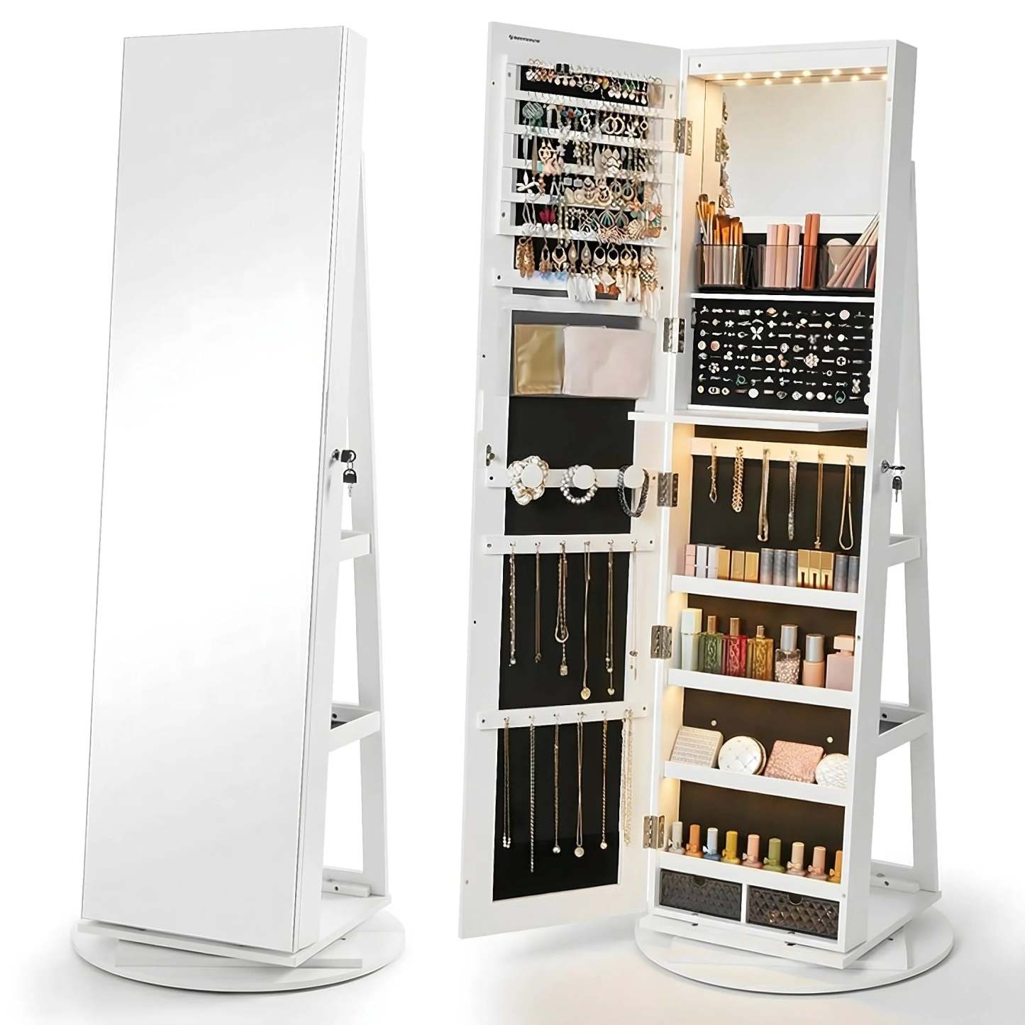 Espelho Porta-Joias Giratório 360° com Organizador Interior e LEDs
