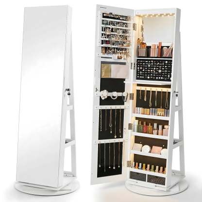 Espelho Porta-Joias Giratório 360° com Organizador Interior e LEDs