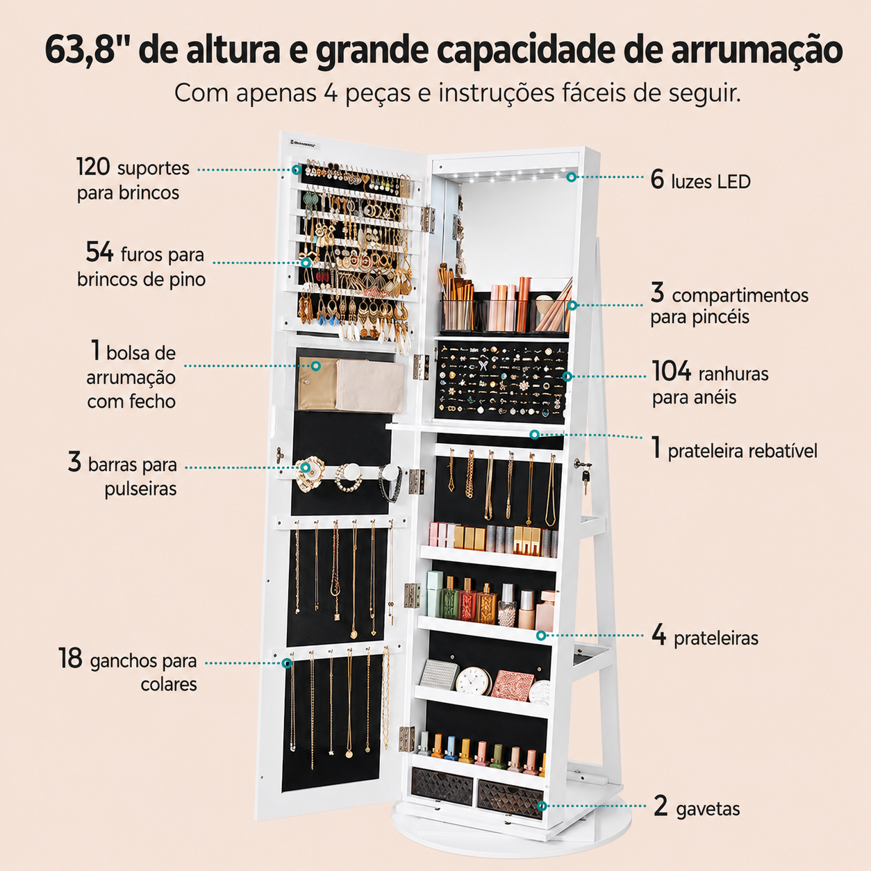 Espelho Porta-Joias Giratório 360° com Organizador Interior e LEDs