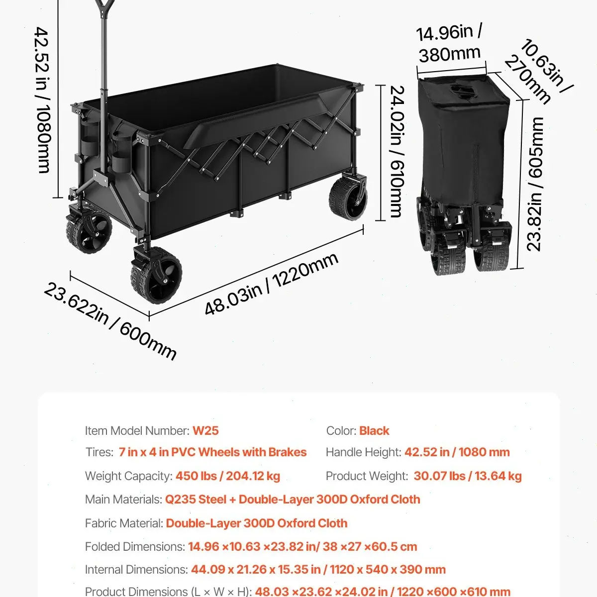 Carro plegable de doble nivel, carro de carga plegable con ruedas todoterreno, carro plegable de alta resistencia para camping, compras y jardinería, con extensor extra largo de 52 pulgadas.