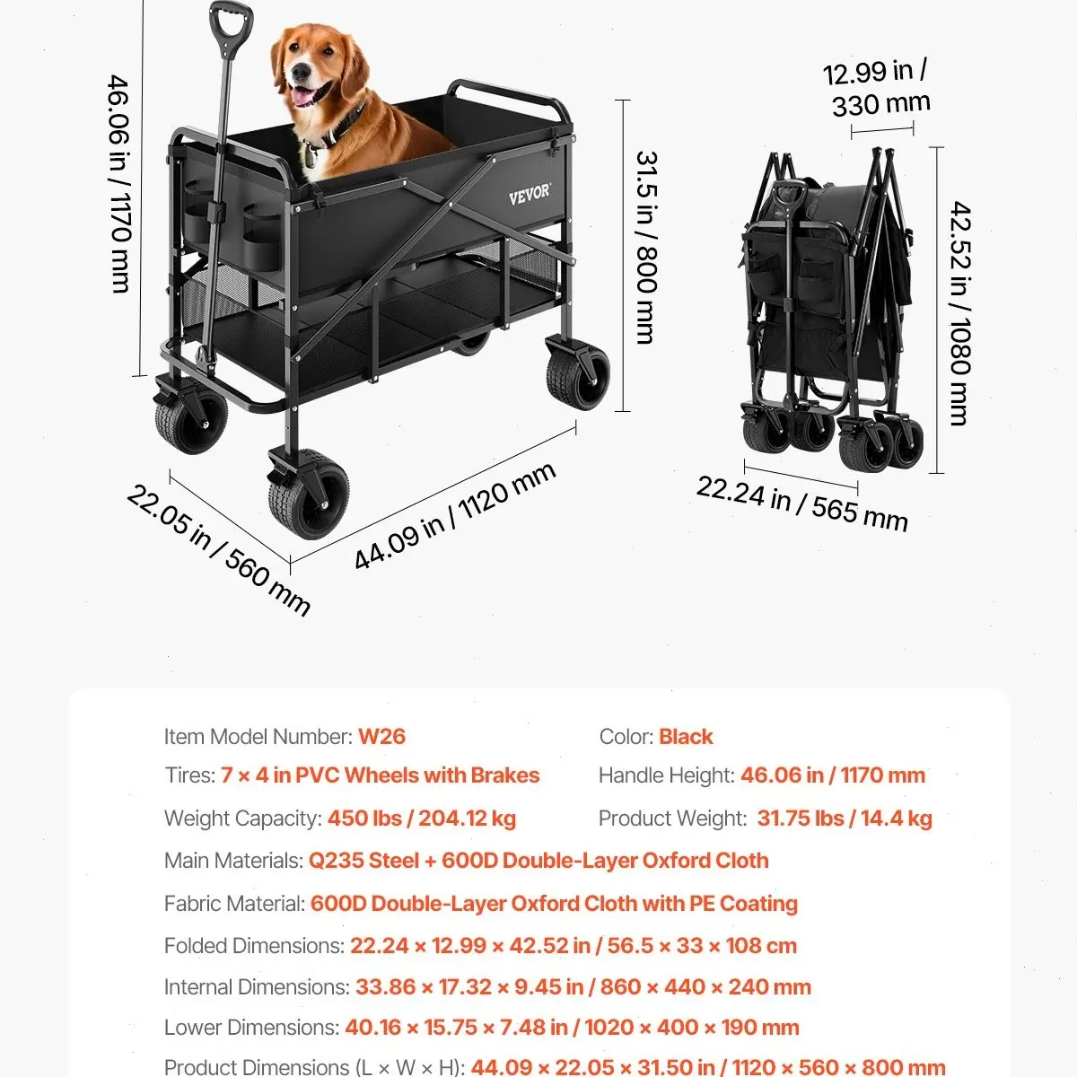 Carro plegable de doble nivel, carro de carga plegable con ruedas todoterreno, carro plegable de alta resistencia para camping, compras y jardinería, con extensor extra largo de 52 pulgadas.