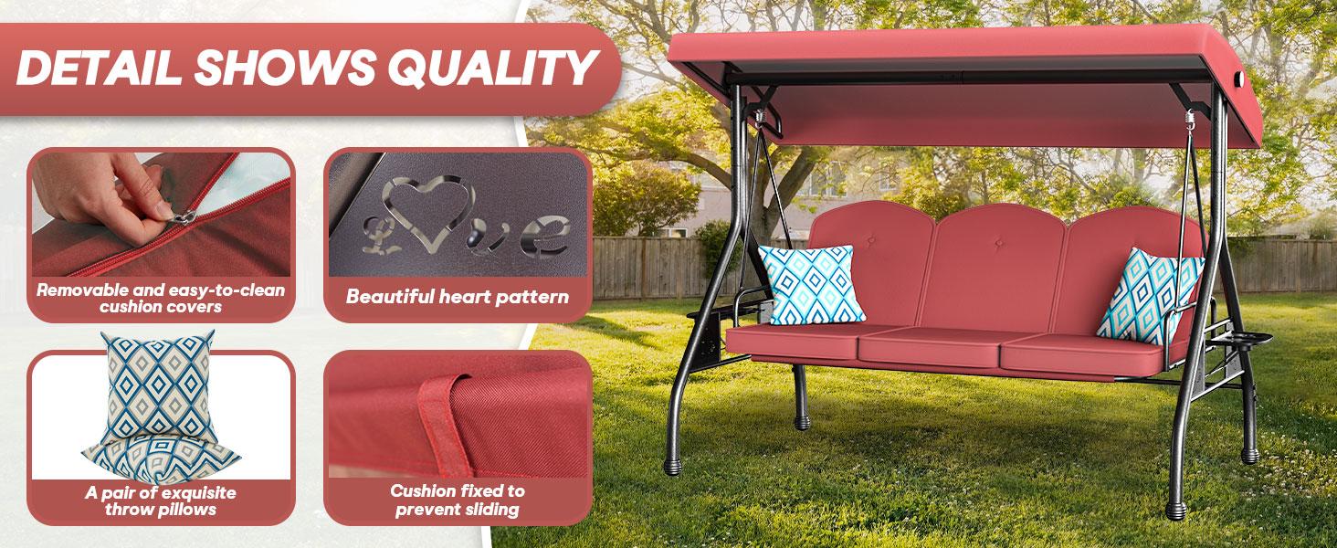 【Summervibes】3 Seat Outdoor Porch Patio Swing 800lbs 2-in-1 Patio Swing Chair Bed with Adjustable Canopy & Cup Holder Removable Cushion Outdoor Adult Swing with Stand for Yard Porch Garden Deck 【Summervibes】3 Seat Outdoor Porch Patio Swing 800lbs 2-in-1 Patio Swing Chair Bed with Adjustable Canopy & Cup Holder Removable Cushion Outdoor Adult Swing with Stand for Yard Porch Garden Deck