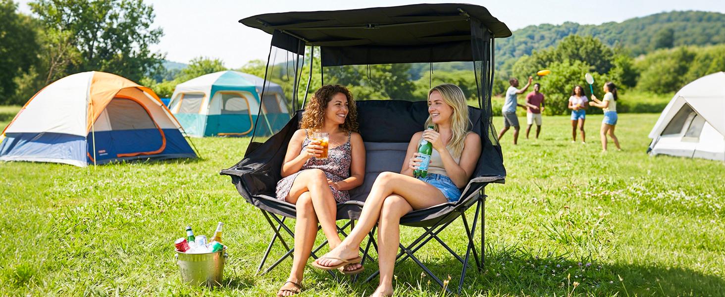 ABORON XXL Double Camping Chair with Shade Canopy, Fully Padded Folding Camping Loveseat , Oversized Camping Bench Lawn Chairs Patio Lounge Chairs for Adults summerwins ABORON XXL Double Camping Chair with Shade Canopy, Fully Padded Folding Camping Loveseat , Oversized Camping Bench Lawn Chairs Patio Lounge Chairs for Adults summerwins