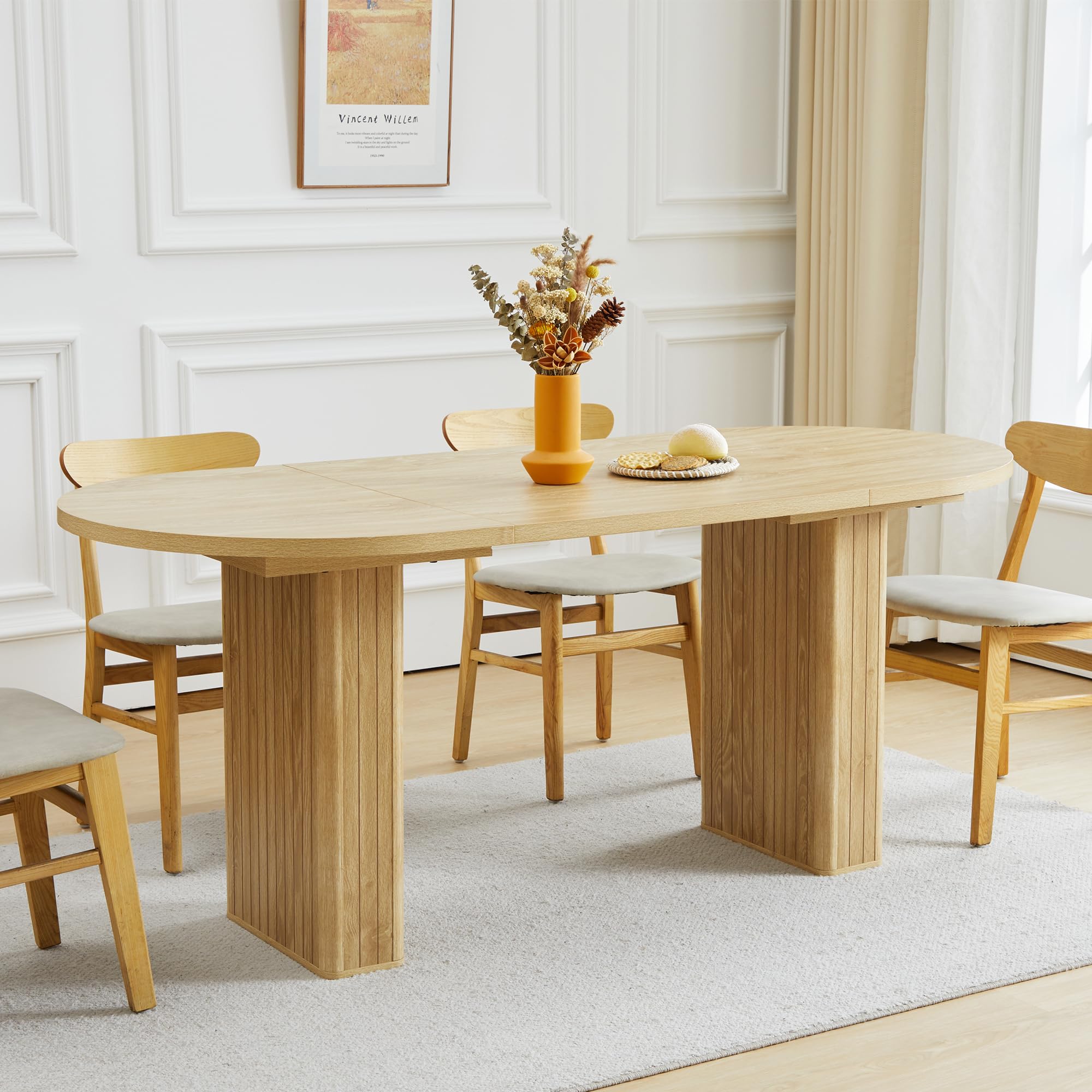 Giratree 70.8 Inch Kitchen Dining Table for 6-8 People, Oval Kitchen Table with Wood Strip Base, Modern Farmhouse Large Round Dining Room Tables for Kitchen Living Room Giratree 70.8 Inch Kitchen Dining Table for 6-8 People, Oval Kitchen Table with Wood Strip Base, Modern Farmhouse Large Round Dining Room Tables for Kitchen Living Room
