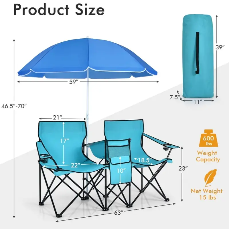 Sillas de picnic portátiles dobles, sillas de camping plegables con sombrilla desmontable, bolsa térmica, portavasos, sillas de camping para patio y playa para la temporada de fútbol y béisbol al aire libre